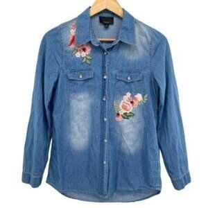 Lumiere Denim Embroidered Pearl Snap Button Down Shirt Western Cowgirl